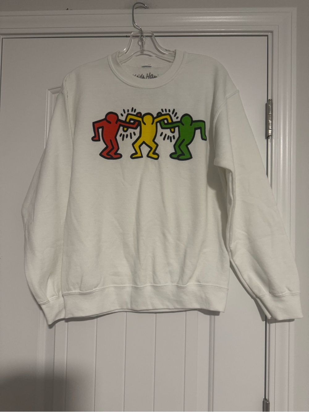 Urban Outfitters White Crewneck Sweater with Red, Yellow & Green Dancing Figures